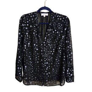 Vince Camuto Sheer Black Silver Star Print V Neck Blouse Size S